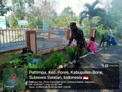 Kompak & Peduli, Koramil 10/Ponre Kodim 1407/Bone Bersama Puskesmas Lonrong Bersihkan Halaman Puskesmas